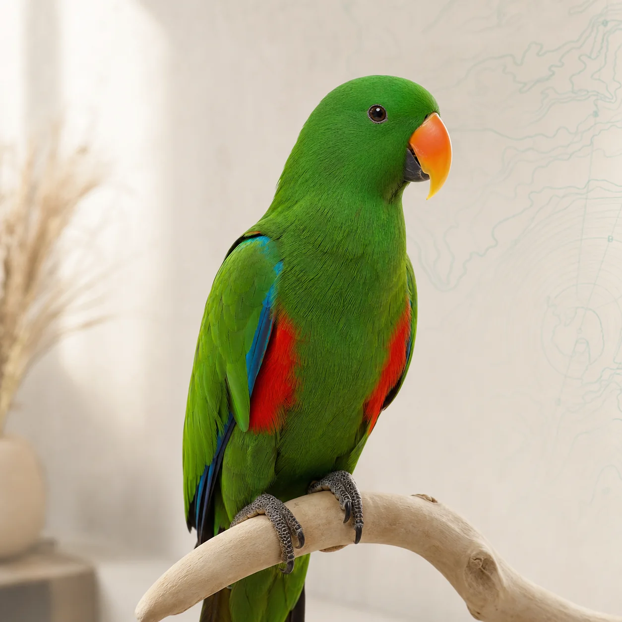 Eclectus Papağanı kuş için doğal ışıkta hazırlanmış temsili tanıtım portresi