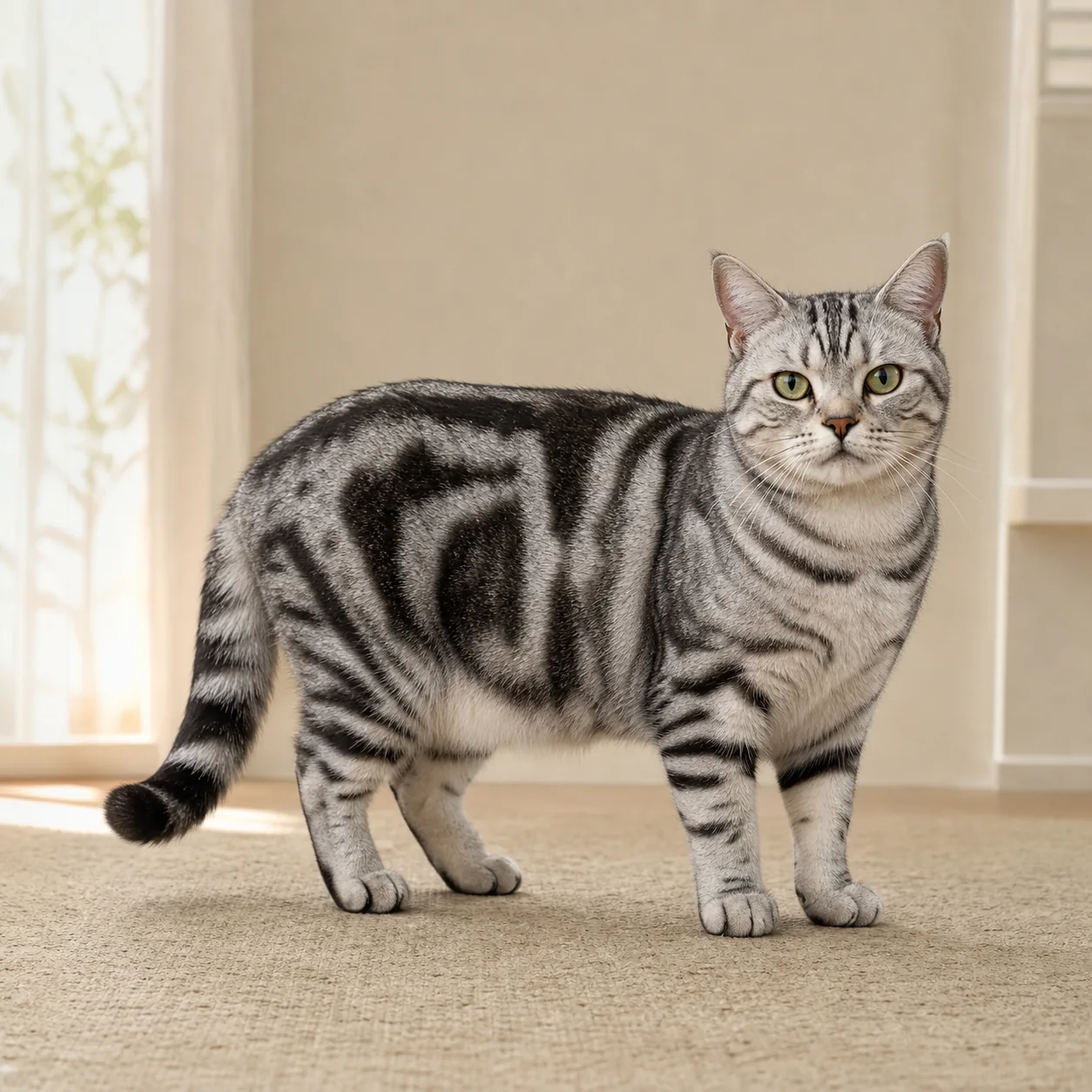 American Shorthair kedi için doğal ışıkta hazırlanmış temsili tanıtım portresi