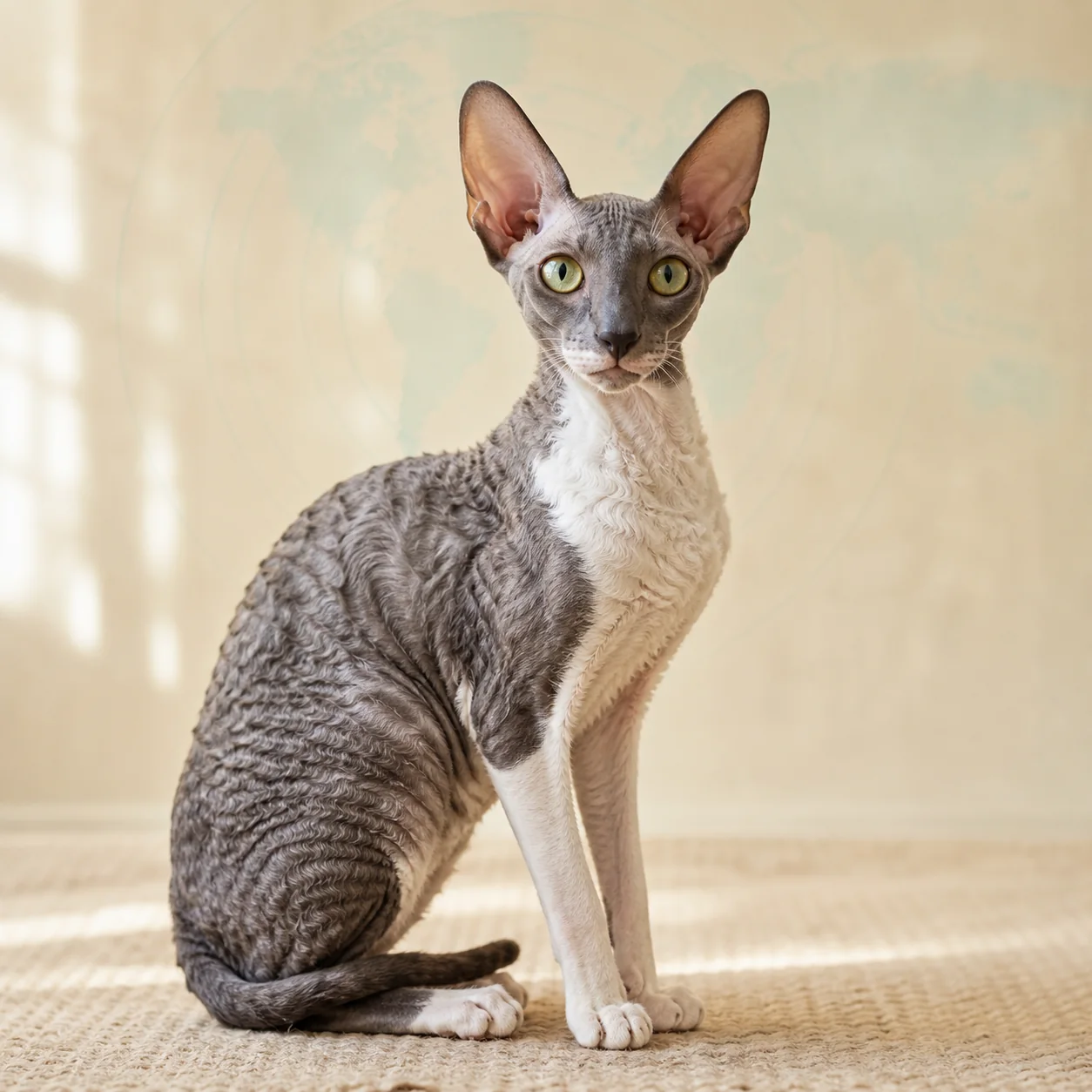 Cornish Rex kedi için doğal ışıkta hazırlanmış temsili tanıtım portresi