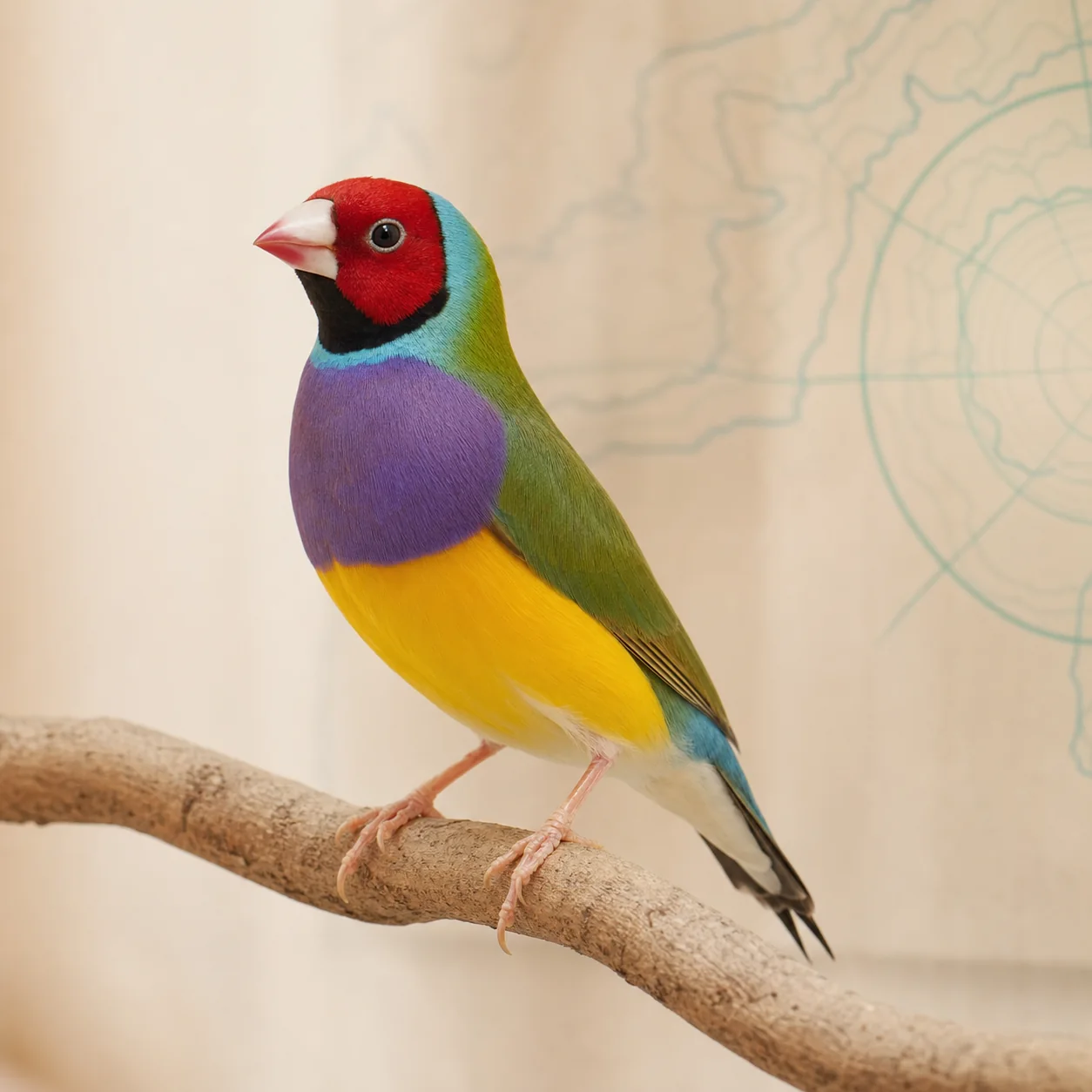 Gouldian İspinozu kuş için doğal ışıkta hazırlanmış temsili tanıtım portresi