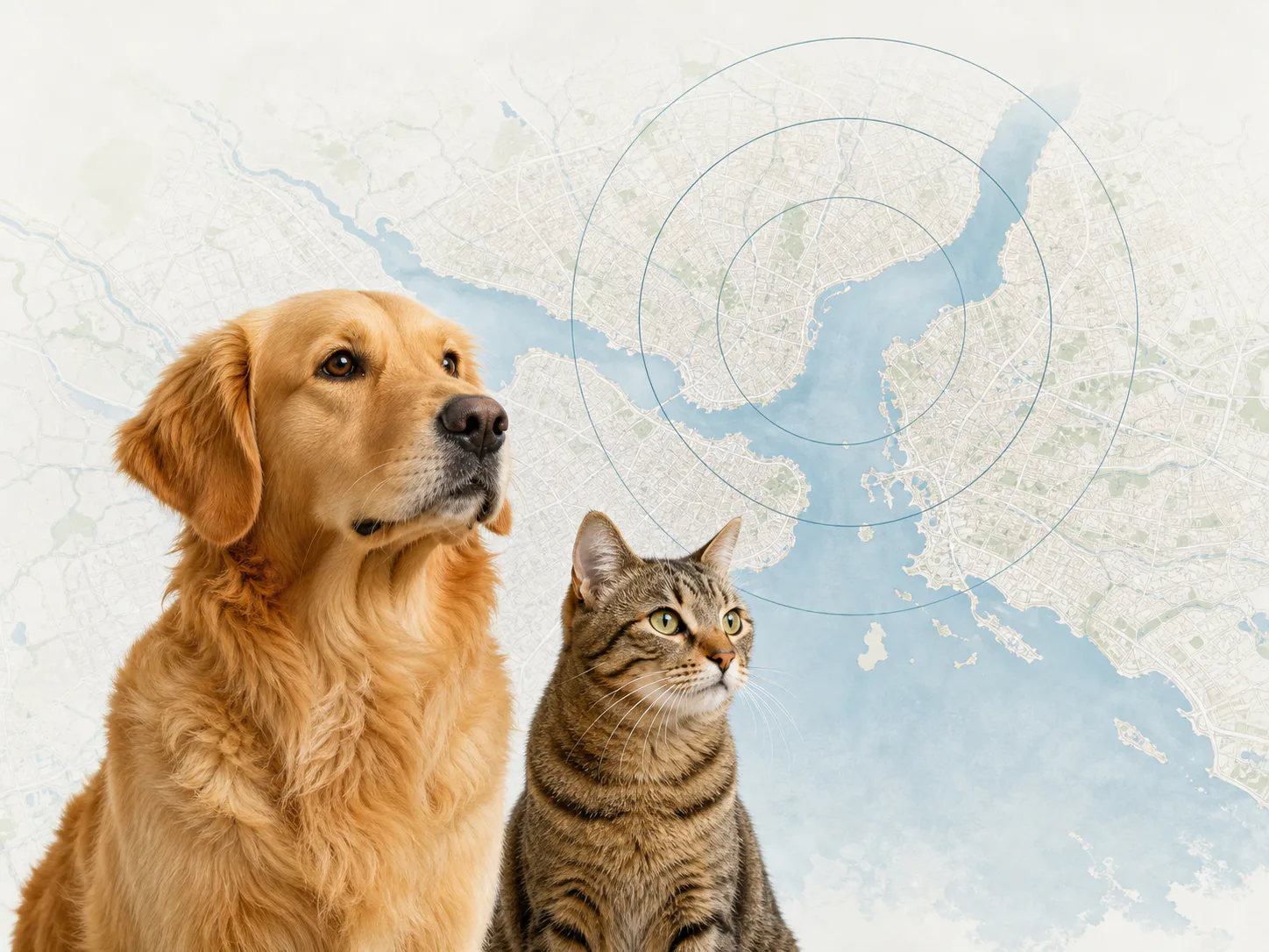 Bir kedi ve köpeğin arkasında tahmini arama halkaları bulunan şehir haritası